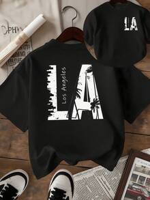 Reflejo urbano con palmeras frente al horizonte y letras grandes que evocan energía moderna y libertad de espíritu camiseta de mujer con estampado doble casual cómoda para uso diario - Negro - Ver 8