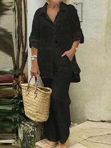 Cardigan casual con cuello polo ligero, blusa elegante de unicolor versátil adecuada para la playa, el diario, el trabajo, las compras, de tela suave, pantalones sueltos con cintura elástica, conjunto de 2 piezas, primavera/verano/otoño - Negro - Ver 4