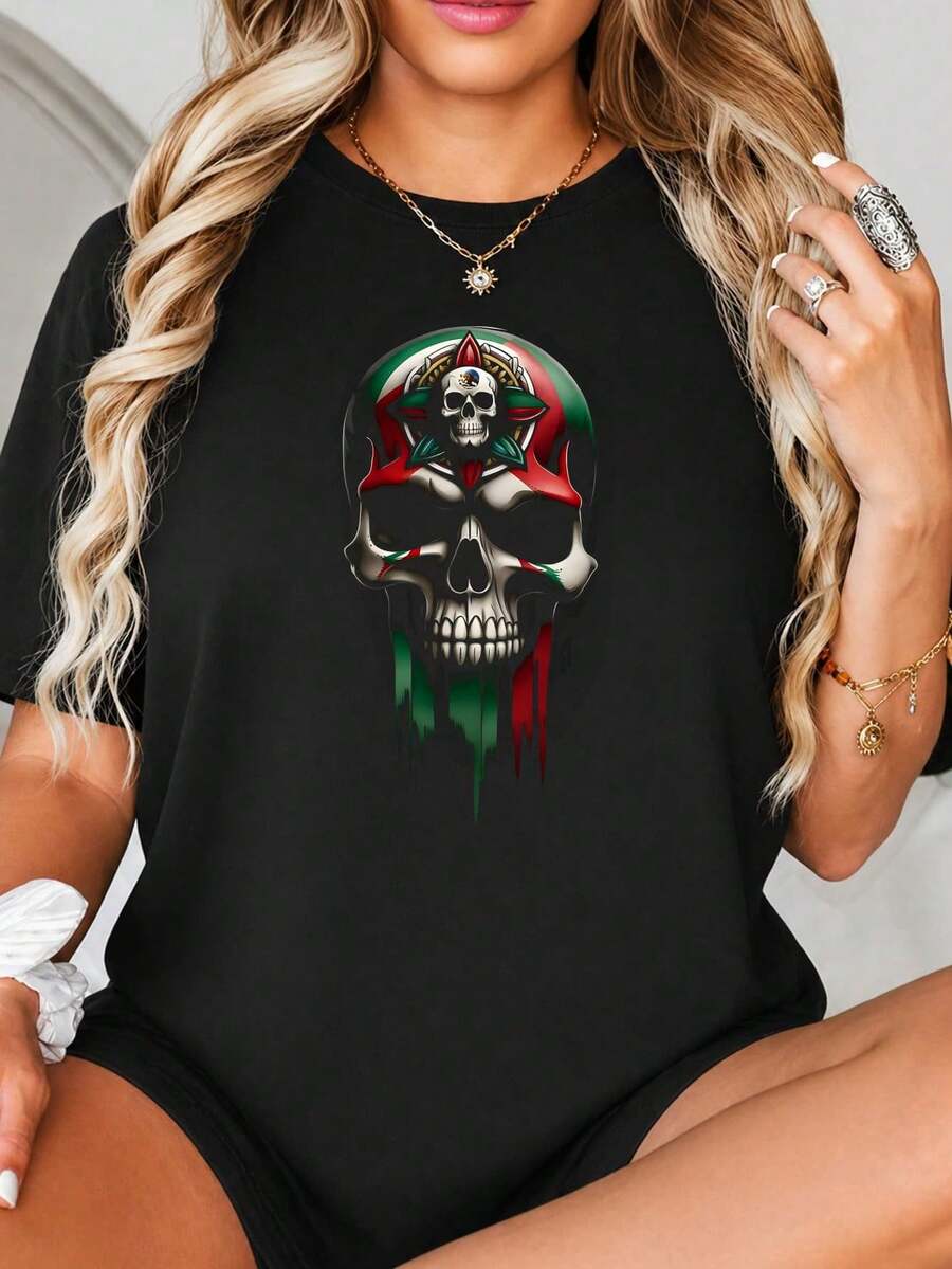 Impresión gráfica de cráneo con colores mexicanos Fl-ag y diseño Az-tec, Tema blanco R-ed Gr-een, Estilo de arte gótico oscuro, para pegatina de monopatín o decal de pared.jpgRegalos personalizados: Camisetas para mujer con estilos modernos, hippies, casuales y minimalistas. Ropa masculina personalizada única, armarios cápsula, ropa básica/urbana para hombre. Regalos ideales para novios, familiares y amigos, adecuados para cumpleaños, vacaciones, colegio/competiciones, deportes/escalada, etc., también adecuados para la moda de otoño y actividades urbanas. Verano negro.