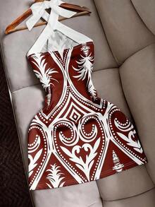 Vestido mini ajustado con estampado de bloques de color, con cuello de halter y cintura con lazo, sexy y casual para playa, vacaciones y viajes para mujeres - Burdeos - Ver 2