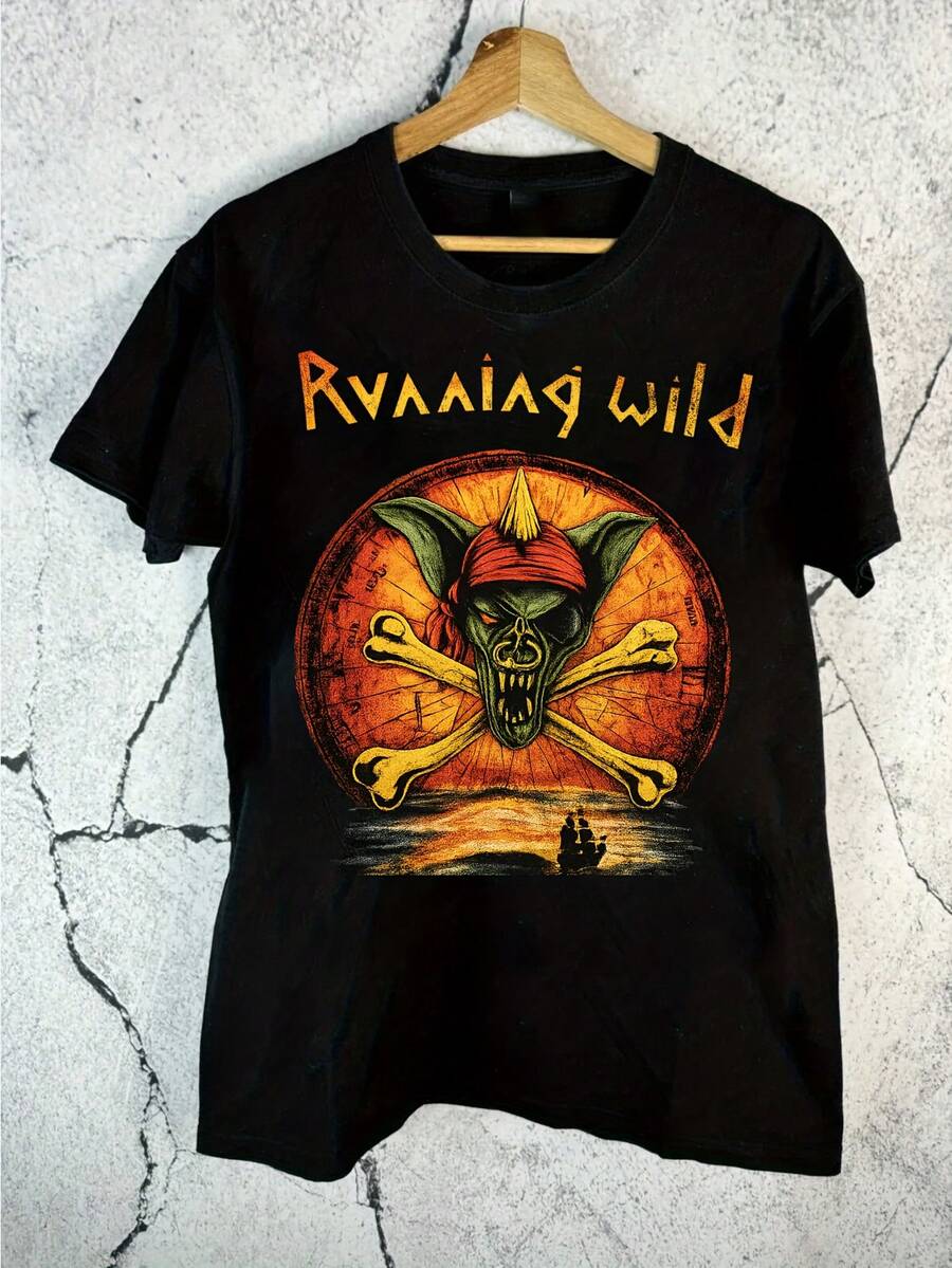 Camiseta Gráfica Transpirable de Manga Corta para Hombre Running Wild MK272 - Camiseta Vintage con Logo de Heavy Metal, Suave y Transpirable para Verano, Conciertos, Festivales al Aire Libre y Uso Casual, Diseño Clásico con Cuello Redondo para Amantes de la Música. - Negro - Ver 1