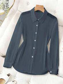 Blusa minimalista de unicolor transparente con cuello vuelto, blusas de manga larga - Azul 2 - Ver 4