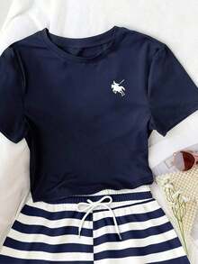 Conjunto casual de camiseta con estampado bordado de corazón y shorts de cintura elástica para mujer, adecuado para deportes al aire libre, regalo para mujeres, hermanas, mamá, Día de la Madre, Día de San Valentín - Multicolor 2 - Ver 4