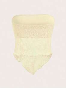 Top bandeau ajustado con bajo asimétrico de tela de encaje sexy y casual, color marrón - Amarillo claro - Ver 2