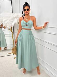 AIJ Amarilo Green Satin Spaghetti Strap Pleated Hollow Back Camisole Top + High Waist Ruffle Hem A-Line Maxi Skirt 2-Piece Set, Suitable For Summer, Spring, Wedding Guest, Graduation Ceremony And Vacation - Bean Green - View 5