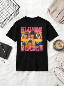 Blonde Blazer Retro Anime Character Collage Cotton T-Shirt - Black - View 1