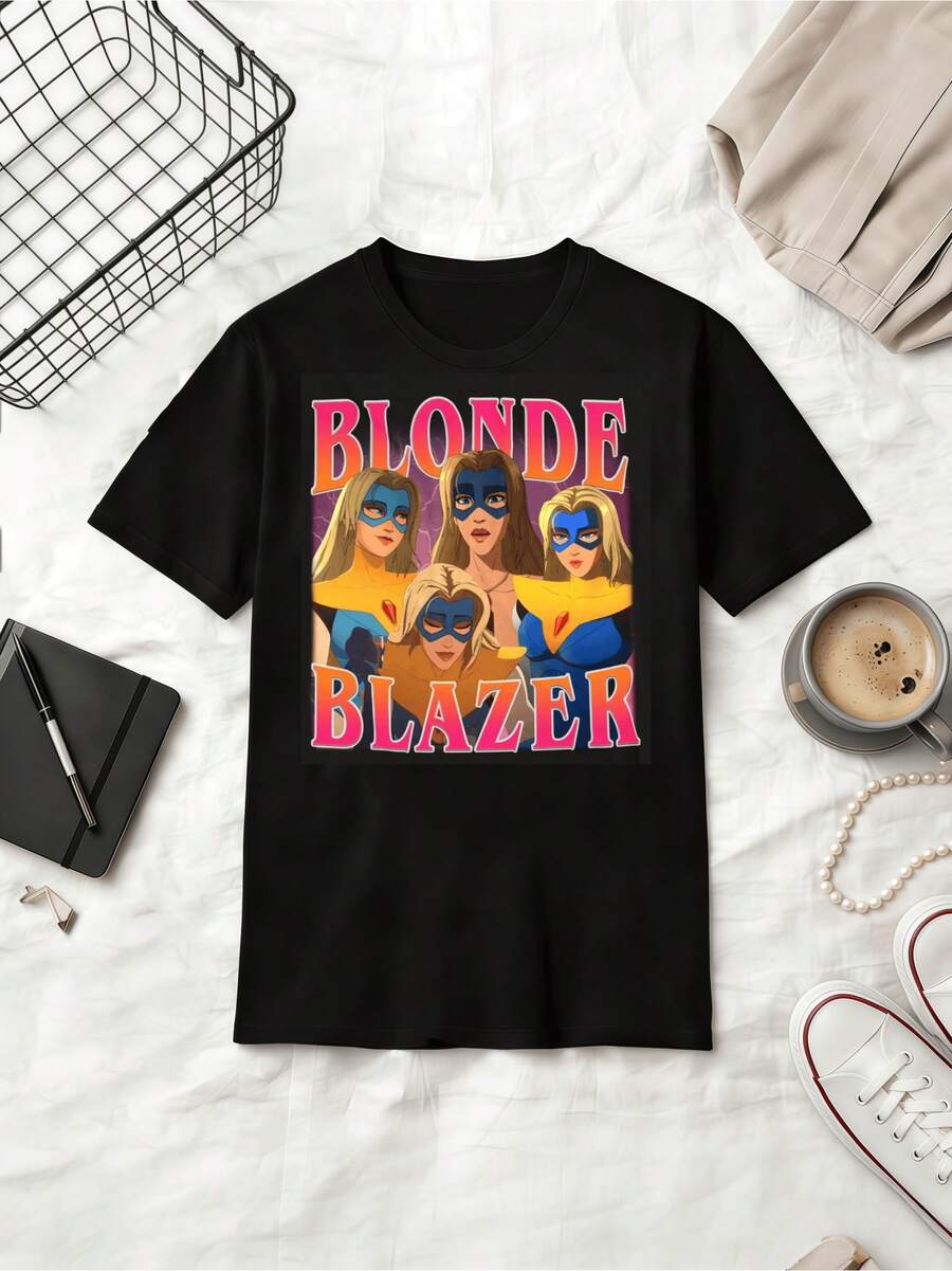 Blonde Blazer Retro Anime Character Collage Cotton T-Shirt - Black - View 1