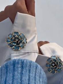 2PCS Blue Flower Enamel Button Covers, Detachable Clip-On Cuff Buttons, Elegant Floral Shirt Embellishments, No Sew Removable Buttons For Blouse, Women's Fashion Jewelry Accessories - Baby Blue - View 1