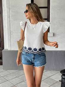 Blusa de verano casual de vacaciones con bordado floral y volantes en las mangas - Multicolor - Ver 6