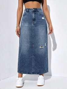Falda larga de mezclilla desgastada para mujer - Azul lavado oscuro 2 - Ver 1