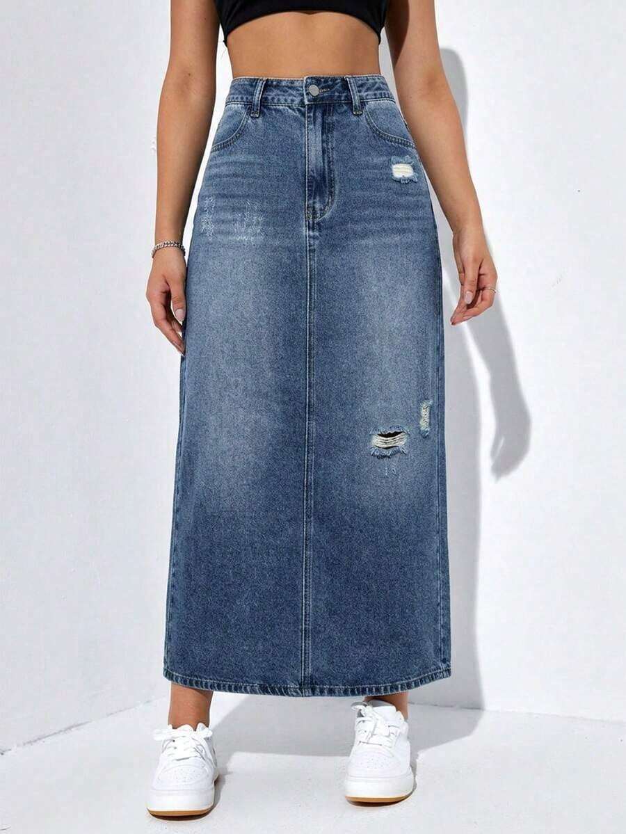 Falda larga de mezclilla desgastada para mujer - Azul lavado oscuro 2 - Ver 1