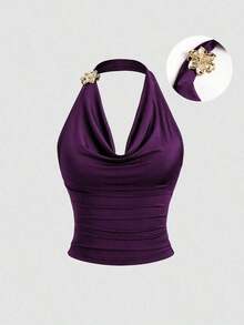 Sweetro Top corto sin mangas con cuello de volantes inspirado en el estilo vintage, con diseño de cintura plisada, moda de verano para mujer - Morado - Ver 7