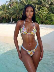 Swim Mod Conjunto de bikini de dos piezas con estampado de frutas y verduras en todo el diseño, con escote halter y lazos, para vacaciones de verano - Multicolor 6 - Ver 2