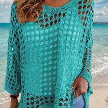 Loose-Fitting Versatile Hollow-Out Knitted Sun Protection Cover-Up Beachwear - Peacock Blue - View 3