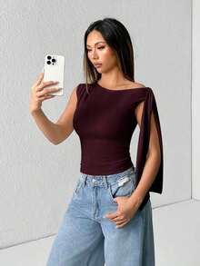 Top de hombro asimétrico con tirantes de atar de unicolor para mujer - Marrón Mocha - Ver 4
