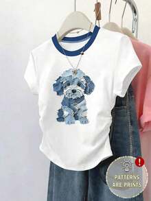 Camiseta casual de mujer con cuello redondo, manga corta y estampado de búho de dibujos animados plisado - Blanco - Ver 1