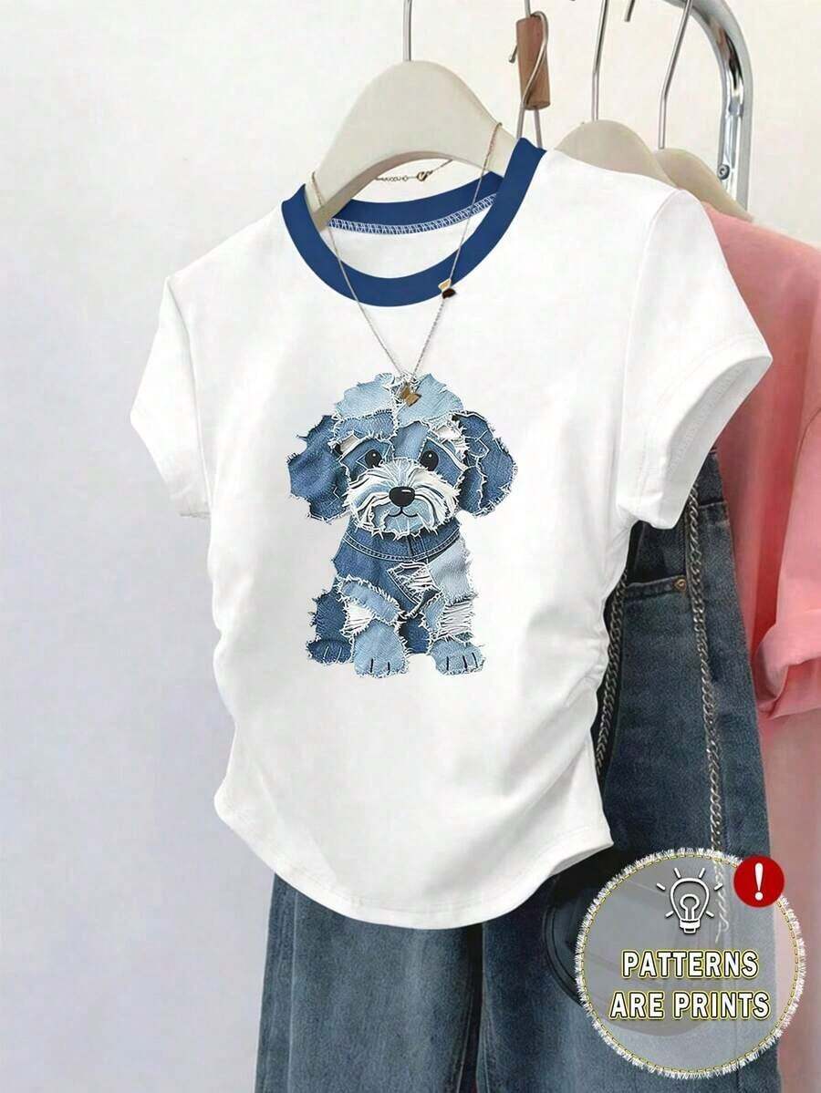 Camiseta casual de mujer con cuello redondo, manga corta y estampado de búho de dibujos animados plisado - Blanco - Ver 1