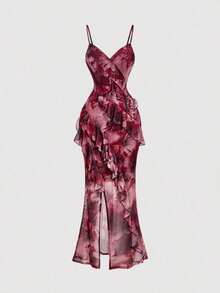Vestido largo con abertura alta, cuello en V y volantes, con estampado de teñido anudado, vestidos de verano para mujer, vestidos en tonos pastel, vestido de fiesta, atuendo de fiesta, vestido de playa, atuendos de playa para mujer, vestidos ele - Multicolor 2 - Ver 3