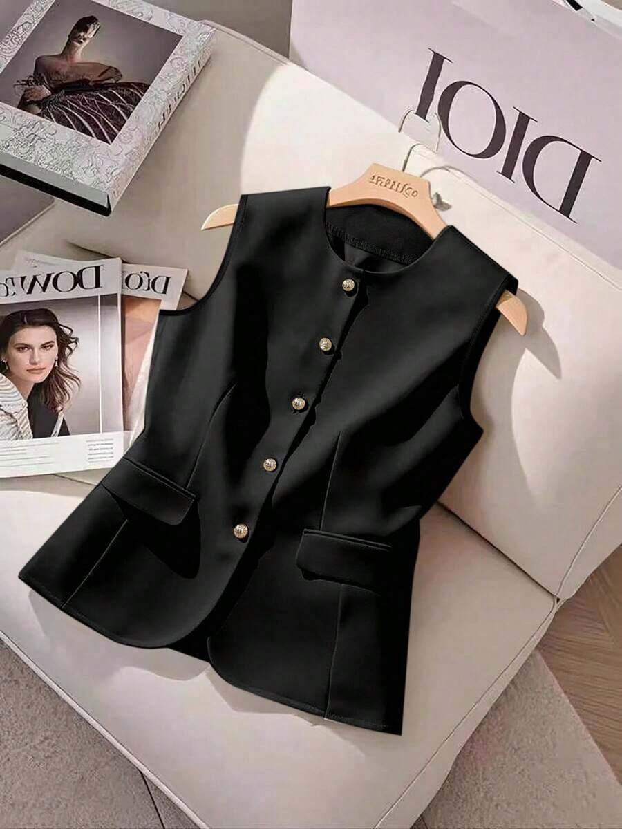 Camisa sin mangas de unicolor y estilo minimalista con botones para mujer - Negro - Ver 1