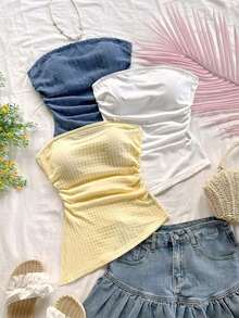 Conjunto de 3 piezas de blusas de verano para mujer: Top bandeau tipo corto asimétrico en textura azul vintage, top ajustado de punto texturizado amarillo, top ajustado sólido blanco, adecuado para fiesta, sexy, San Valentín, tarde de té, vacacione - Multicolor 2 - Ver 1