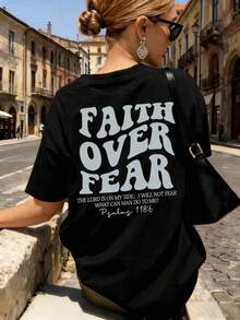 Camiseta Casual de Mujer con Cuello Redondo, Manga Corta, Hombros Caídos, Estampado "Faith Over Fear", Negra, Largo Regular, Tejido de Punto G6NB - Negro - Ver 6