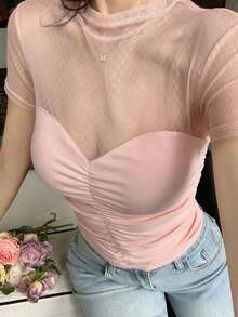 Blusa corta de manga corta de malla transparente elegante y ajustada para mujer, con parches de lunares de malla, ideal para primavera y verano, de uso versátil para San Valentín, boda, fiesta, banquete - Rosa 2 - Ver 10