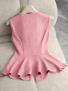 camiseta de tirantes sin mangas con cuello en V y diseño de hebilla metálica minimalista y elegante que estiliza la cintura, para mujer, de verano - Rosa - Ver 2