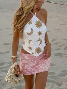 Top halter con espalda descubierta y lentejuelas sexy para mujer, atuendos de verano, ropa de verano, atuendos de playa para mujer, atuendos de vacaciones, atuendos bohemios tropicales de vacaciones para mujer, atuendos de concierto, atuendos de ra - Blanco 2 - Ver 3