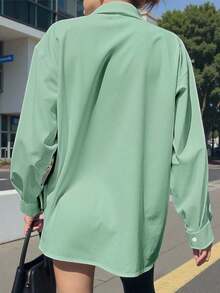 Camisa casual de manga larga, de un solo pecho, de unicolor y holgada para mujer - Verde - Ver 2
