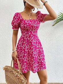 Vestido de mujer de manga corta con cuello cuadrado y estampado floral elegante, vestido de mujer con manga abullonada, vestido floral para vacaciones con cintura, vestido de verano para mujer, vestidos lindos para mujer, vestido floral rojo, vest - Rosa Fucsia - Ver 4