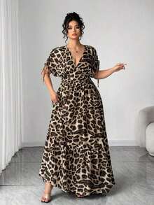 Elenzya Vestido maxi elegante de talla grande para mujer con cuello en V, estampado de leopardo, manga corta fruncida y falda acampanada - Marrón - Ver 6
