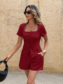 Frenchy Conjunto de 2 piezas de verano de mujer de unicolor con botones de lino - Parte superior de manga corta y pantalones cortos de unicolor casual - Conjunto de 2 piezas elegante para uso diario, vacaciones francesas de verano, 4 de julio, graduación, vacaciones, atuendo occidental, atuendo de profesora - Rojo - Ver 2
