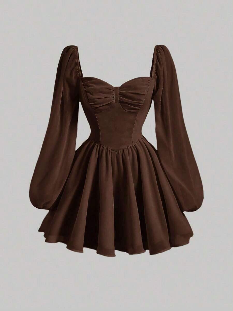 MOD Vestido escote corazón de manga farol pecho con fruncido - Marrón Chocolate - Ver 1