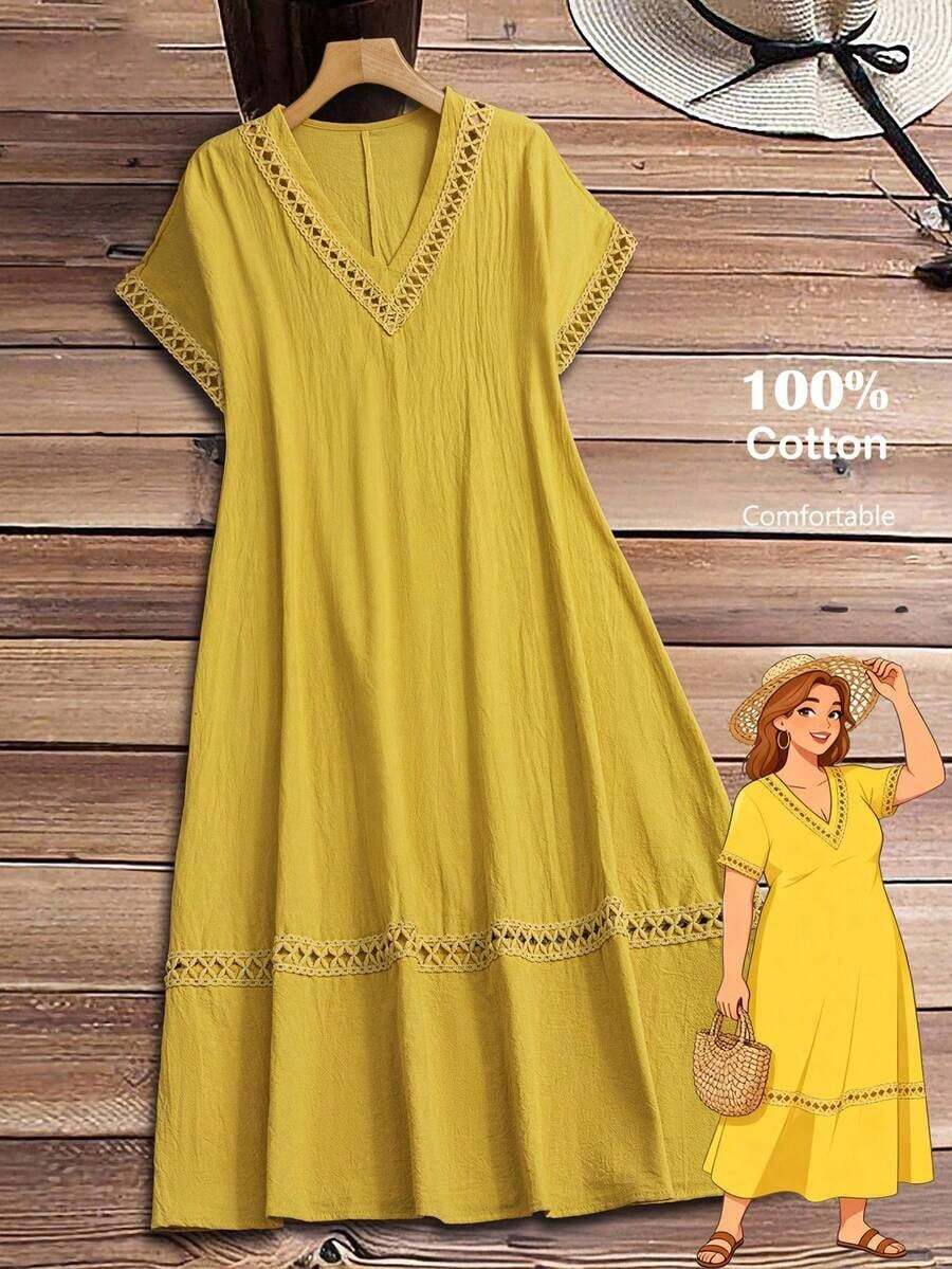 Vestido casual holgado de unicolor con cuello en V y mangas cortas para mujer de talla grande - Amarillo - Ver 1
