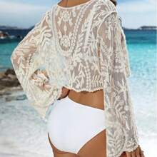 Short Sun Protection Shirt With Embroidery And Hollow Design, Beach Shirt, Sun Protection Top, Bikini Cover-Up - Apricot - View 5
