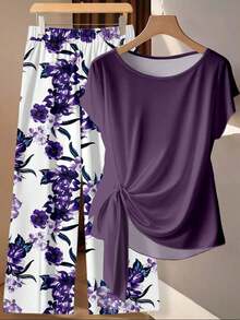 Conjunto de 2 piezas de blusa con lazo y pantalones rectos para mujer, informal - Multicolor 11 - Ver 2
