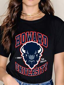 Howard University Bison Logo T-Shirt White Cotton Casual Graphic Tee Women's College Apparel Unisex Streetwear Top - 黑色 - 查看 2