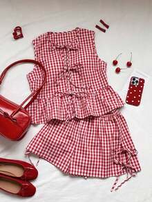 Set de 2 piezas de ropa de mujer con top tipo camiseta con cordones y shorts a cuadros, ideal para el Día de San Valentín - Rojo - Ver 1
