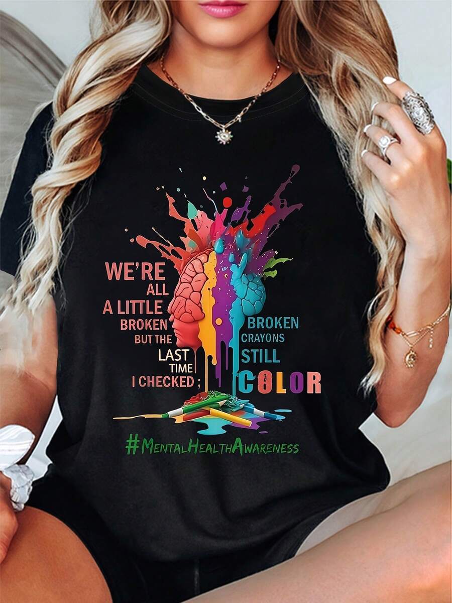 [Women's Clothing] Plus Size T-Shirt For Women | Mental Health Awareness: Broken Colored Pencils Keep On Coloring, Inspirational Graphic Print | Casual Short Sleeve Crew Neck T-Shirt For Summer And Spring - 黑色 - 查看 1