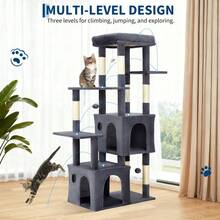 Árbol para gatos resistente de 61" y varios niveles para gatos grandes de interior y Maine Coons – Plataforma extra grande, 2 condominios espaciosos, postes rascadores de sisal natural, juguetes, centro de actividades moderno y robusto para gatos, verde/beige. - Gris oscuro - Ver 3