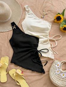 Blusa sin mangas de unicolor con bajo asimétrico, para verano - Blanco y Negro 2 - Ver 6