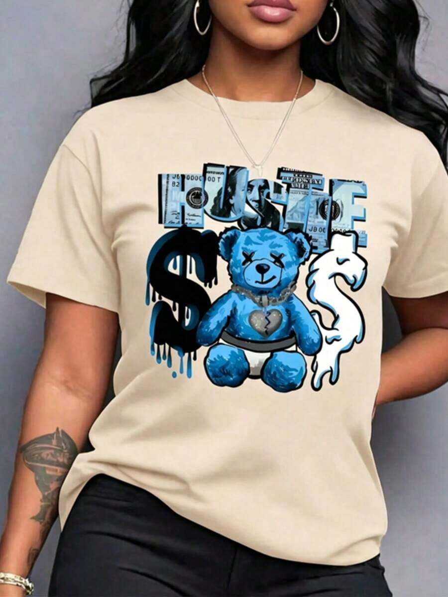 1 Piece Casual Fashion For Men And Women Spring Clothes Women Light Blue Bear Pattern Printed T-Shirt - Short Sleeve Round Neck Casual Top With Effort Slogan And Dollar Sign Design, Machine Washable Suitable For All Seasons, Comfortable Loose Fit And Comfortable Summer Versatile Style, Easy To Match, Suitable For Daily Wear, Urban Style, Holiday Outfits, Weekend Outfits. - 杏色 - 查看 1