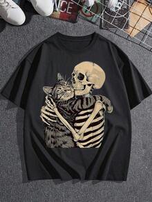 Camiseta con Estampado de Gato Acogedor y Abrazo de Esqueleto para Mujer, Camiseta de Manga Corta Estilo Halloween, Linda y Espeluznante, Top de Algodón de Corte Relajado con Estampado Artístico de Moda, Prenda Casual Única - Negro - Ver 3