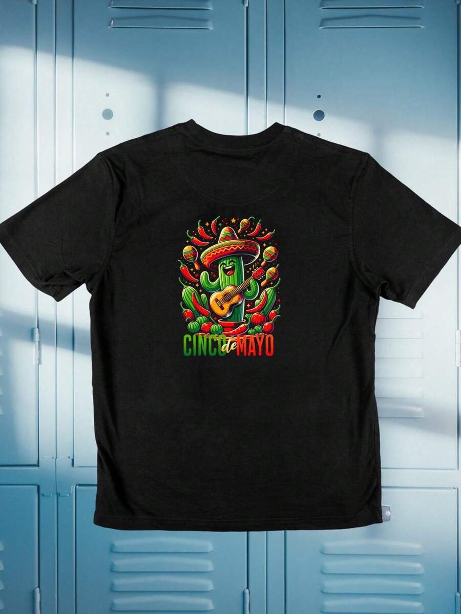 Cinco De Mayo Mariachi Skull Design T-Shirt With Sombrero, Guitar, And Chili Pepper. Unisex 220g Pure Cotton T-Shirt. Ideal Weight For All Seasons, Suitable For Men And Women. Durable, High-Quality Fabric That Is Soft To The Touch And Long-Lasting. Breathable T-Shirt. Suitable For Spring And Summer, Holidays, Mother's Day, And Independence Day. - 黑色 - 查看 1