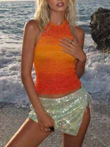 Top corto de punto con espalda descubierta, estilo ajustado en degradado naranja con cuello halter, adecuado para salidas de primavera/verano, playa, citas, vacaciones, festivales de música - Naranja - Ver 6