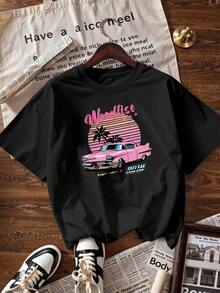 Pink Classic Car And Sunset Palm Tree T-Shirt, Fashionable Short-Sleeved T-Shirt For Spring And Summer 2026, Made In Mexico, 180 Grams. Cartoon Print, Couple Design, Suitable For Indoor Or Outdoor Wear. Crew Neck, Unisex, Ideal For Office And Leisure. One-Pack. - BK-P631577SLNDXZGY502 - 查看 4