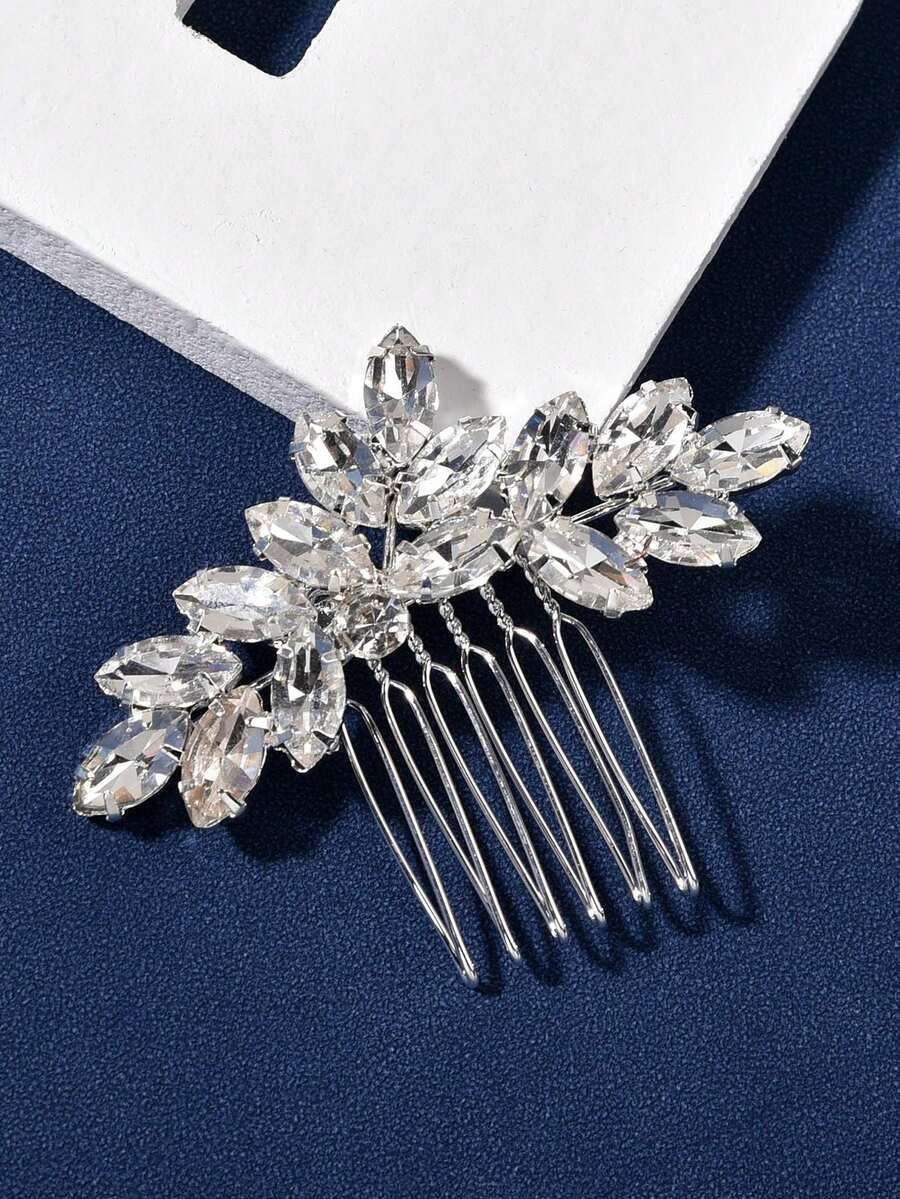 1pc Women's Crystal Glass Decorative Hair Comb, Bridal Wedding Party Accessory - Silver - View 1