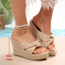 2026 New Woven Straw Rope Platform Wedge Casual Slide Sandals, Bowknot Design, Cross-Strap Open Toe Summer Outdoor Thick Bottom Slippers, Waterproof High Heel Sandals - Beige - View 5