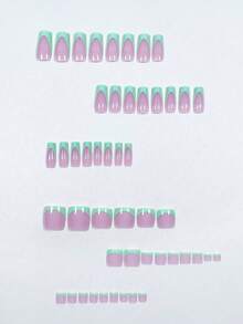 Y2K 24片短方型綠色法式極簡時尚美甲貼片 & 24片中方型美甲貼紙，適合任何場合的指甲飾品 - 彩色 - 查看 4
