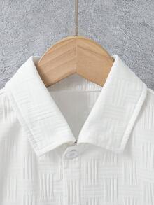 2pcs/Set Boys' Casual Turndown Collar Solid Color Short Sleeve Top And Shorts Set, Regular Fit, Summer - White - View 3